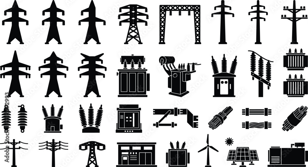 Naklejka premium Electrical infrastructure silhouette icons of transmission towers, power lines, transformers, turbines, and solar panels representing energy systems