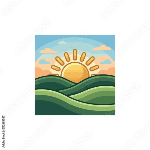 Sunrise over rolling green hills landscape.