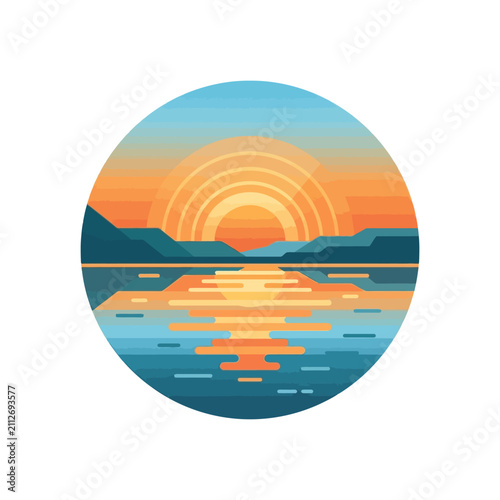 Sunset over calm serene lake water.