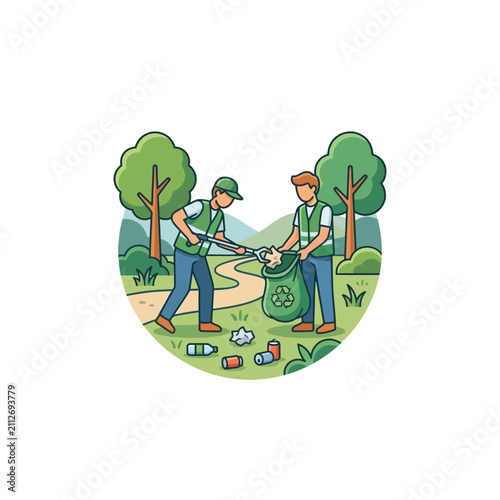 Two men cleaning up green park.