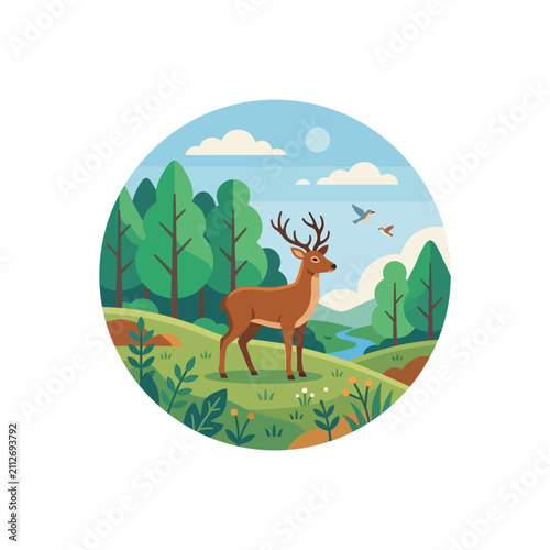 Deer standing in green forest landscape.