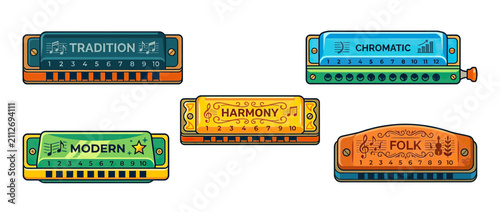 Bild auf Leinwand Set of five colorful harmonicas with musical notes