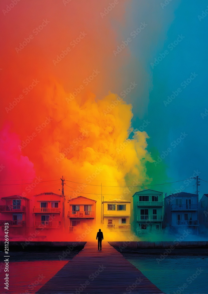 Obraz premium Silhouette on Dock Amidst Vibrant Rainbow Hues and Serene Waters.