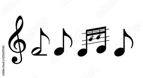 Photos Set of black musical note symbols and treble clef icon set isolated on white bac