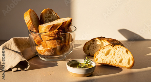 Sliced Crusty Bread In Glass Bowl With Olive Oil And Rosemary