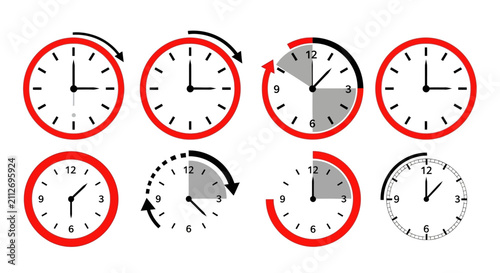 Fotografía Modern clock icon set with red and black accents, collection of 8 time managemen