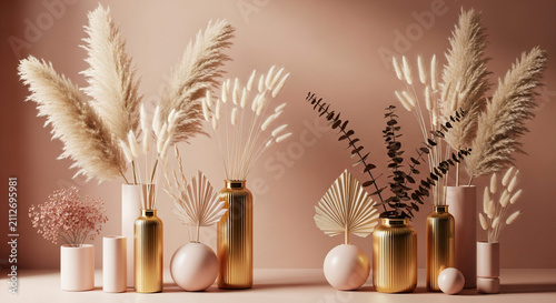 Gold Vases Dried Pampas Grass Palm Leaves Interior Decoration Background