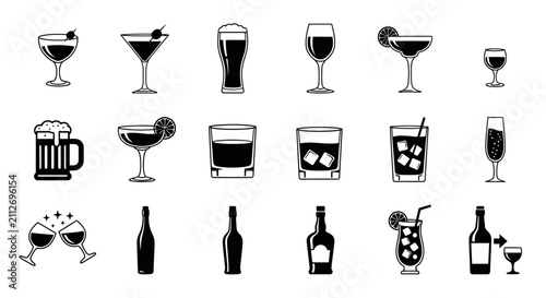 Quadro su tela Alcoholic beverage icons set, 18 black and white cocktail and drink vector symbo