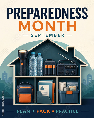 Emergency Preparedness Items Organized In A House Outline