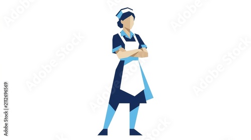 Cleaning - Confident Female Maid in Navy Blue Uniform with White Apron Standing Arms Crossed Flat Vector Illustration