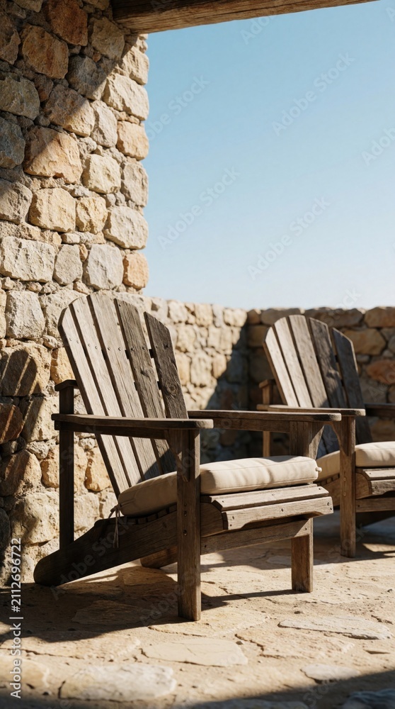 Obraz premium Two wooden chairs sit on stone terrace balcony near rustic wall. Furniture rests under shade at sunny seaside home. Empty rustic seats overlook clear blue sky horizon. Comfortable outdoor deck space