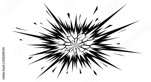 Foto A dynamic black and white graphic illustration depicting an explosive burst of sharp, angular lines radiating outwards from a central, fractured point, suggesting impact or sudden energy release