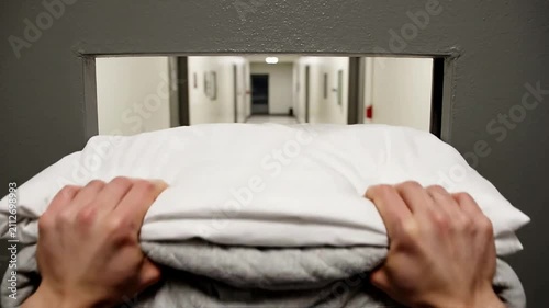 Hands Delivering Neatly Folded Bedding Through Small Opening In Gray Wall Inside A Prison Environment