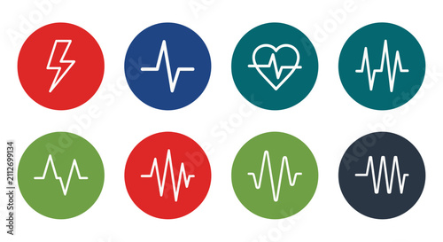 Collection of eight circular icons depicting various heartbeat patterns, ECG lines, a heart symbol, and a lightning bolt, representing vital signs and medical concepts.