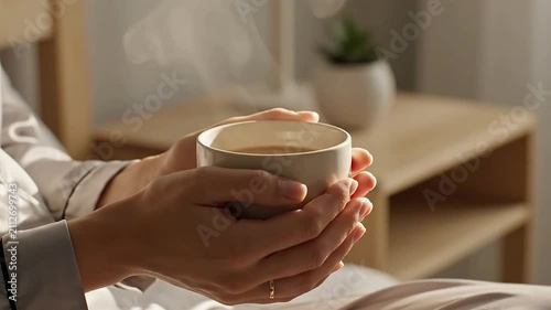 Serene Morning Coffee Experience: Hands Cradling a Warm Cup in a Cozy Home Setting with Natural Light