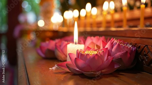 Serene Close-Up Of Hand Placing A Lit Candle On Pink Lotus Flower Surrounded By Glowing Lights In Tranquil Ambiance Of Peaceful Spirituality