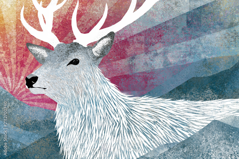 Naklejka premium Stylized white reindeer with antlers in abstract mountain landscape