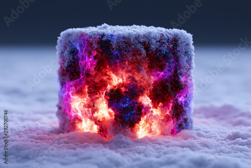 Surreal frozen cube glowing with cosmic fire in snow
