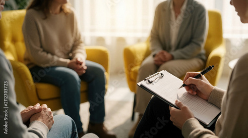 Professional psychotherapist conducts group therapy session in bright modern office. People sit on yellow armchairs talking about personal emotional problems. Specialist makes notes on clipboard.