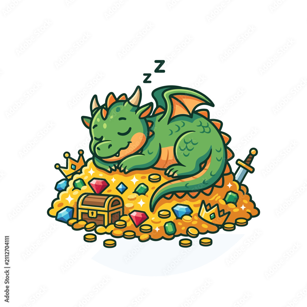 Fototapeta premium Sleeping Cartoon Dragon on Treasure Pile.