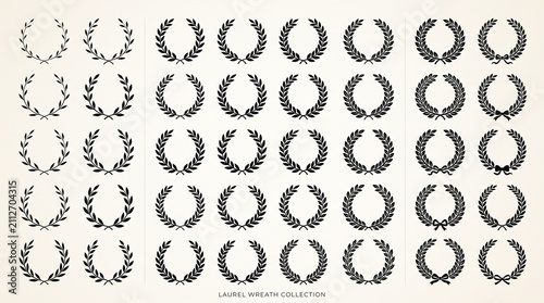 Set of black laurel wreaths and olive branch circular emblems with laurel wreath
