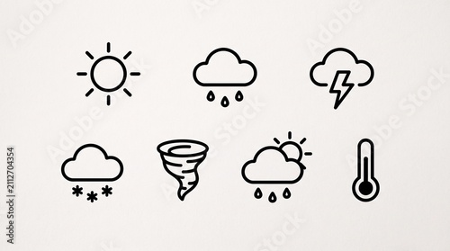 Set of simple weather forecast line art icons with forecast, thermometer