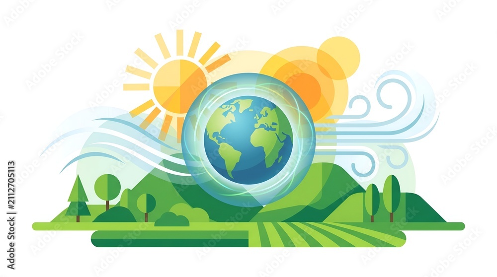 Fototapeta premium Harmonious illustration of Earth within a vibrant natural landscape, surrounded by sun and wind, symbolizing global environmental sustainability and ecological balance for a greener future