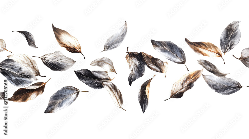 Obraz premium Watercolor depiction of floating, abstract leaves in muted shades against a black background