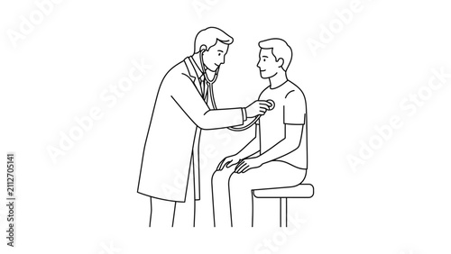 Line art illustration of a doctor performing a medical examination on a patient.
