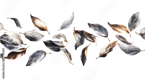 Watercolor depiction of floating, abstract leaves in muted shades against a black background