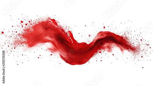 A dynamic, wave-like form of red powder bursting on a black background, with small particles