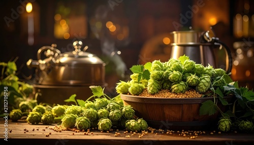 Fresh Hops and Grains in a Rustic Setting with Brewing Equipment