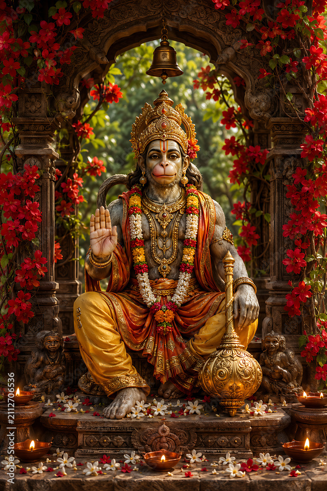 Obraz premium Blessing Hanuman Sits Beneath a Flower Covered Temple Arch with Golden Mace Garlands Lamps and Scattered Jasmine in a Peaceful Devotional Portrait at Morning Outdoors