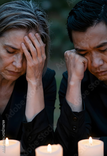 Grieving multiracial couple with heads bowed and hands on faces, expressing sorrow and loss during a memorial service with candles