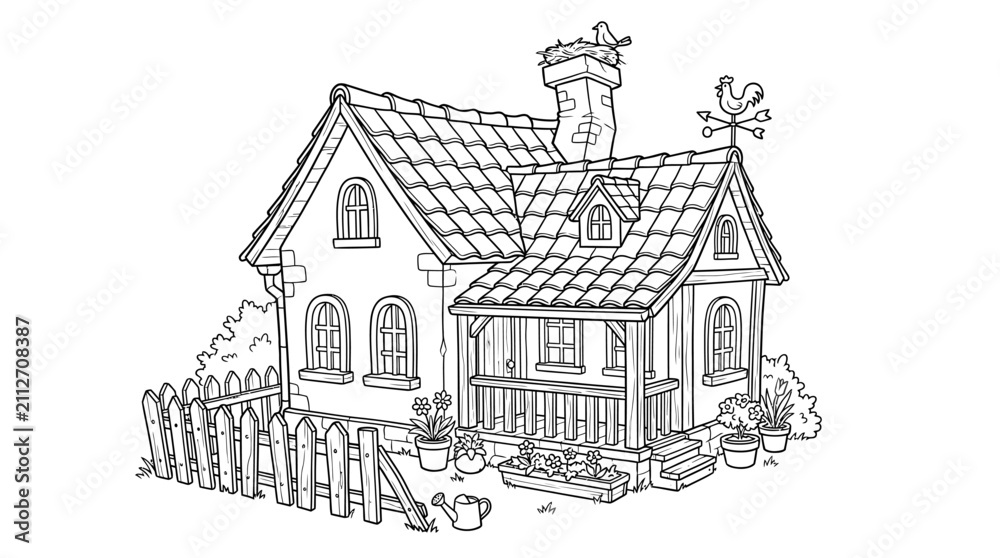 Obraz premium Charming Rustic Cottage with Picket Fence Line Art Drawing.