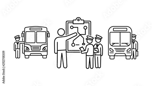 Public transportation management and bus driver operations icon set.