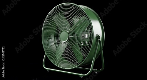 Industrial Metal Electric Fan on Black Background.