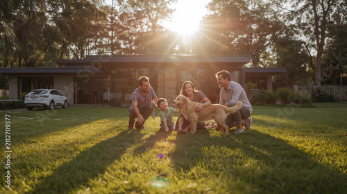 Happy Family with Golden Retriever Dog Playing in Backyard of Modern Home at Sunset