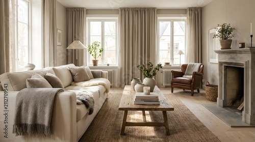 Living room with a couch coffee table and fireplace in a warm cozy home interior scene
