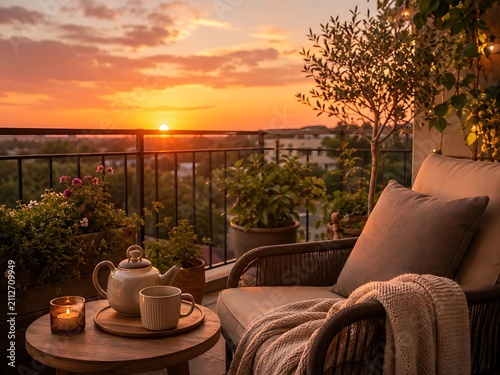Cozy balcony breakfast at sunset with tea and pastries. Morning relaxation scene featuring warm golden hour lighting and urban view.