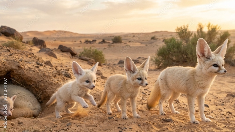 Naklejka premium Fennec Fox Family Desert Journey