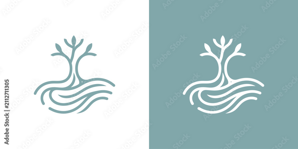 Obraz premium Minimalist Line Art Logo Design Featuring a Stylized Tree Growing from Flowing Water Waves for Nature or Wellness Brands