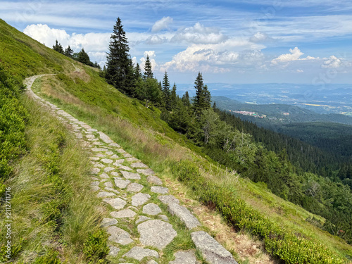 Scenic Mountain Hiking Trail with Panoramic View of Karpacz in the Karkonosze Mountains, Poland on a Sunny Summer Day