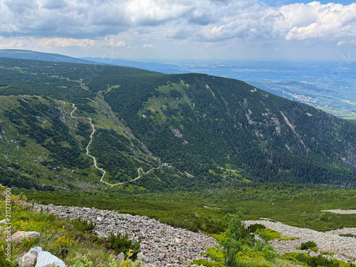 Panoramic View from Śnieżka Mountain over the Karkonosze Mountains and Karpacz Town, Poland under Dramatic Summer Clouds