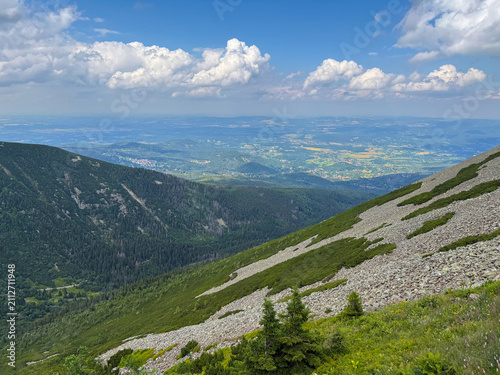 Panoramic View from Śnieżka Mountain over the Karkonosze Mountains and Karpacz Town, Poland under Dramatic Summer Clouds