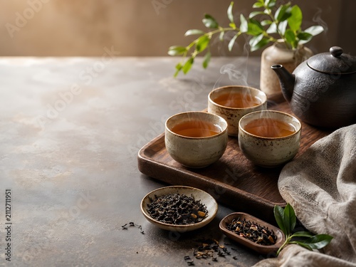 Natural herbal tea ingredients arranged on wooden tray. Loose leaf spices and dried botanicals for wellness and relaxation.
