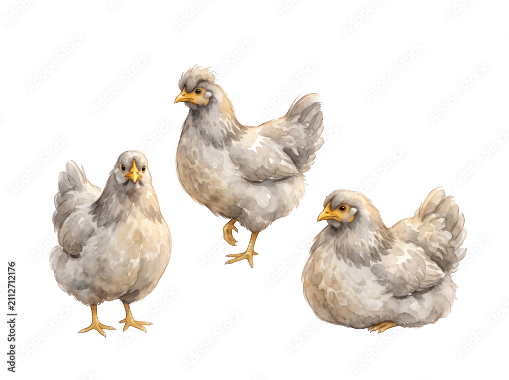 Obraz premium Three fluffy farm chickens watercolor illustration as isolated on transparent background