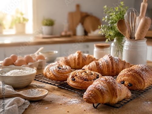Freshly baked artisanal croissants on rustic wooden board. Golden flaky pastries arranged for gourmet breakfast or bakery display.