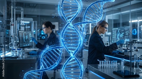 Woman in a lab looking at a DNA model for science research and molecular biology study