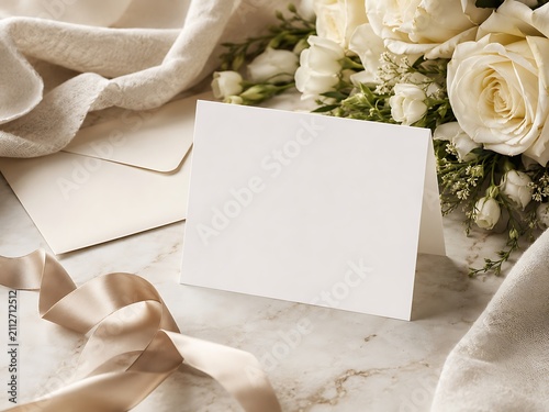 Blank wedding invitation card with elegant floral arrangement. Minimalist stationery design for romantic bridal shower or marriage ceremony.